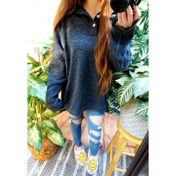 Vintage marled blue fleece lined henley knit sweater - Picture 2 of 10